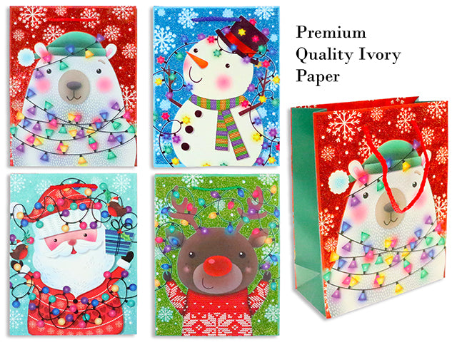 Carton of 24 Xmas Cartoon Character Matte Premium Gift Bag w/Glitter - Medium. Rope Handle. 4 Asst. J-Hook.