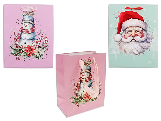 Carton of 24 Xmas Matte Vintage Santa / Snowman Foil Hot Stamp Gift Bag - Medium. Satin Ribbon Handle. J-Hook.