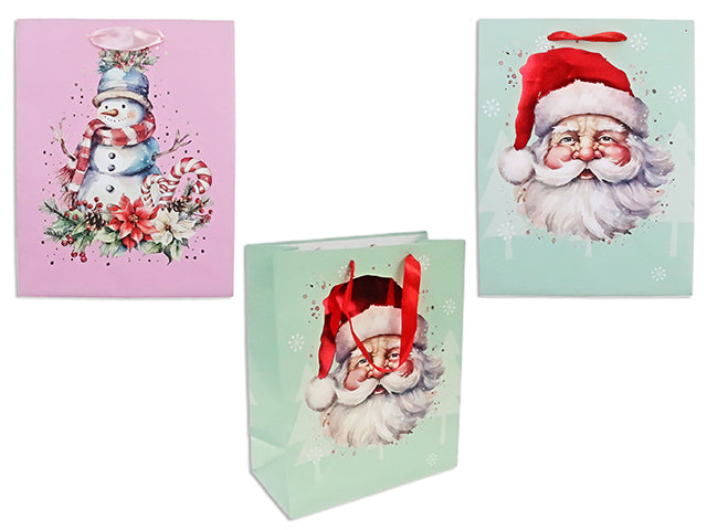 Carton of 24 Xmas Matte Vintage Santa / Snowman Foil Hot Stamp Gift Bag - Jumbo. Satin Ribbon Handle. J-Hook.