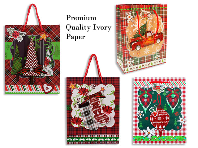 Carton of 24 Xmas Plaid Vintage Premium Matte Gift Bag w/Glitter Tip-On -Medium.4 Asst.Rope Handle.J-Hook