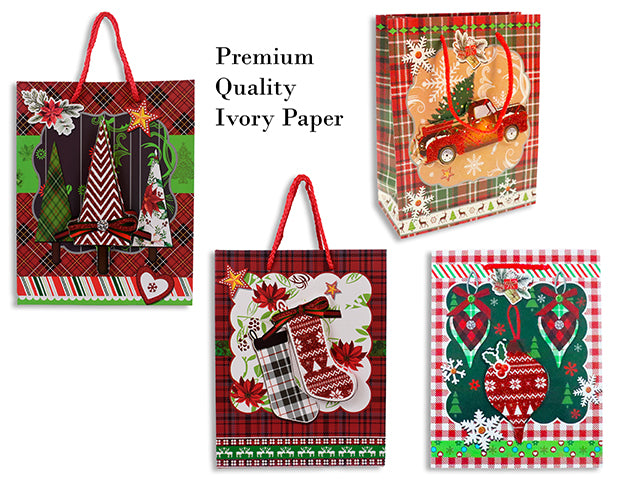 Carton of 24 Xmas Plaid Vintage Premium Matte Gift Bag w/Glitter Tip-On -Large.4 Asst.Rope Handle.J-Hook