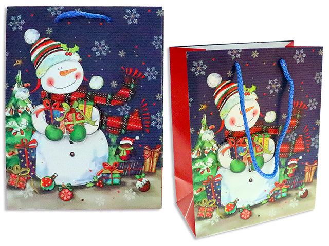 Carton of 24 Xmas Cartoon Snowman Matte Gift Bag w/ Tip-On - Medium. Twisted Rope Handle. J-Hook.