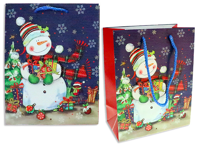 Carton of 24 Xmas Cartoon Snowman Matte Gift Bag w/ Tip-On -Large. Twisted Rope Handle. J-Hook.