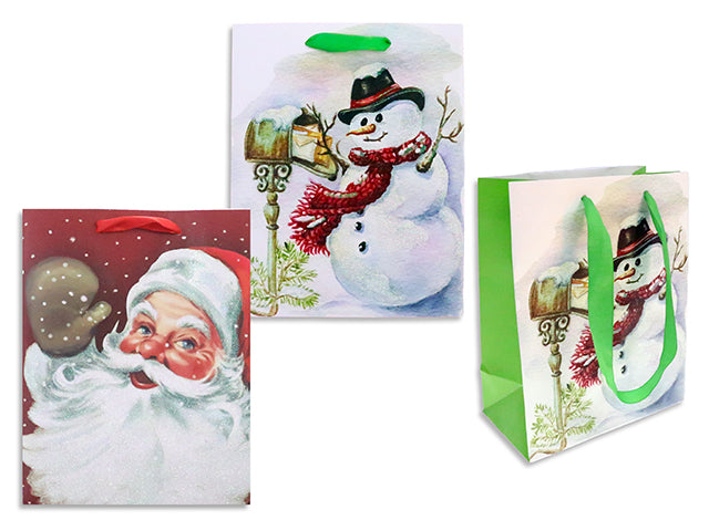 Carton of 24 Xmas Vintage Snowman / Santa Matte Gift Bag w/ Glitter-Jumbo. Satin Ribbon Handle. 2Asst.J-Hook.