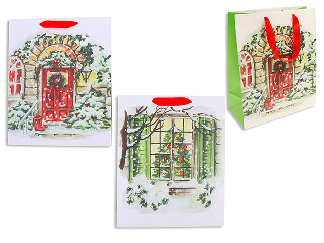 Carton of 24 Xmas Snowy House Scene Matte Gift Bag w/Glitter - Small. 2 Asst. Satin Ribbon Handle. J-Hook.