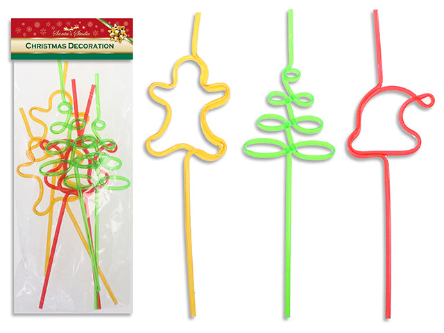 Carton of 24 6pk 9.75in Xmas Crazy Straws. 3 Asst./Pack: Red Santa Hat/ GreenTree/ Brown Gingerbread Man. Pbh.