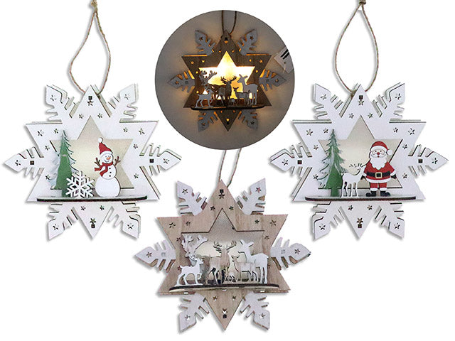 Carton of 12 5.78in B/O 5-Micro LED Xmas Wooden 3-Layered Die-Cut Snowflake Hanging Decor. 3 Asst. Cht.