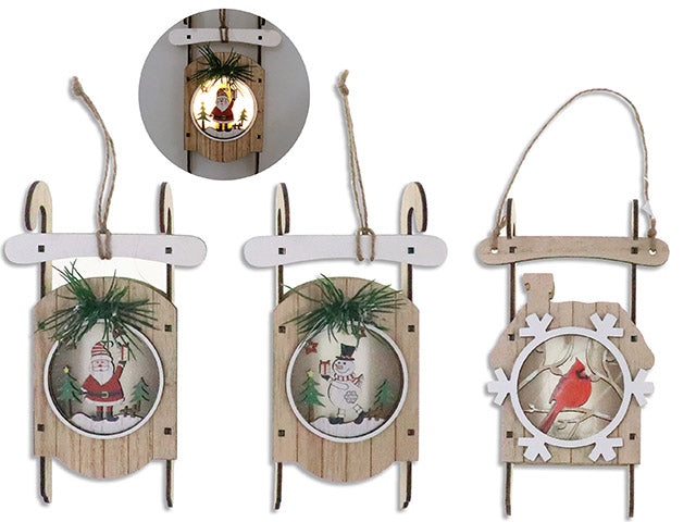 Carton of 12 B/O 5 LED Xmas Wooden 3D Sleigh Decor w/Jute Hanger. 3 Asst.Styles. Cht.