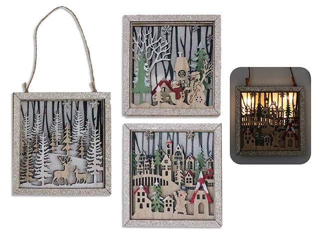 Carton of 12 4-1/8in B/O 5 LED Xmas Wooden Snowy Village Forest Hanging Decor w/Glitter Border. 3 Asst.Cht.