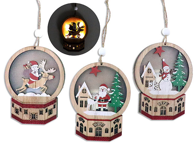 Carton of 12 5.1in x 4in B/O 5 LED Xmas Layered Die-Cut Water Globe Decorw/Jute Hanger. 3 Asst.Styles.Cht.