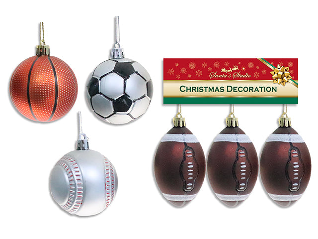 Carton of 24 3pk Xmas Sports Ball Ornament. 4 Asst. Tinsel Hanger. Peggable PVC Box w/Col Label.