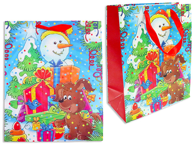 Carton of 24 Xmas Cartoon Puppy Matte Gift Bag w/Glitter - Medium. Satin Ribbon Handle. J-Hook.