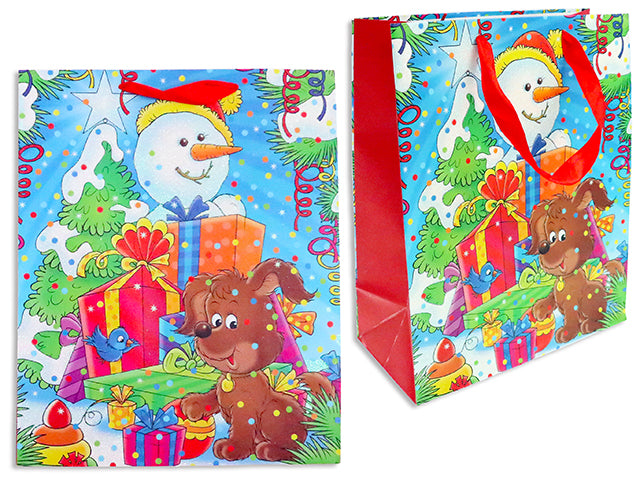 Carton of 24 Xmas Cartoon Puppy Matte Gift Bag w/Glitter - Large. Satin Ribbon Handle. J-Hook.