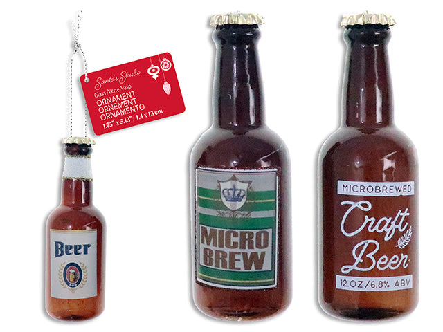 Carton of 12 1-3/4in x 5-1/8in Xmas Beer Bottle Glass Ornament w/Tinsel Hanger. 3 Asst. Cht.