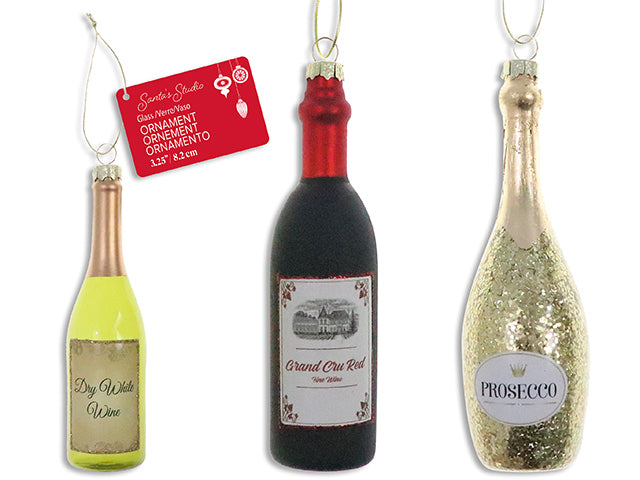 Carton of 12 Xmas Wine Bottle Glass Ornament w/Tinsel Hanger. 3 Asst. Cht.