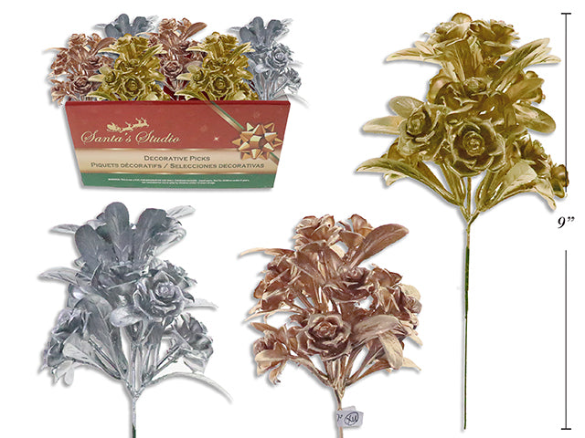 Carton of 36 9in Xmas Matte Metallic 5-Stem Rose Pick in Dsp. 36/Dsp. 3 Asst.Colours.