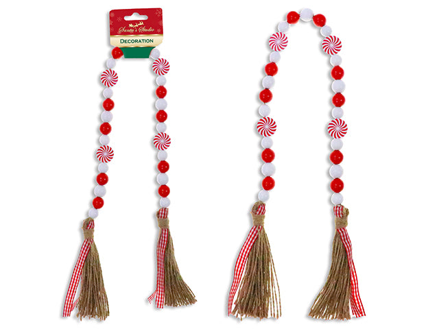 Carton of 24 28in Xmas Beaded Candy Garland w/Jute Tassels + Gingham Ribbon. Barbell h/c.