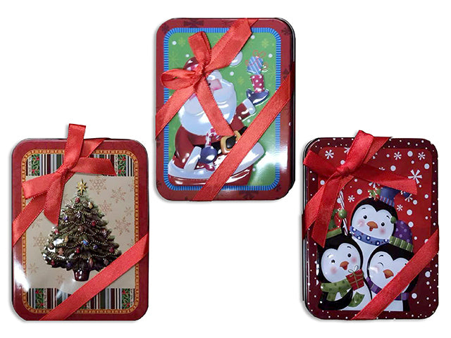 Carton of 36 4-5/8in x 3-1/2in Xmas Printed Tin Gift Card Holder w/Satin Ribbon.Incl.PVC Tray.4 Asst. h/c.