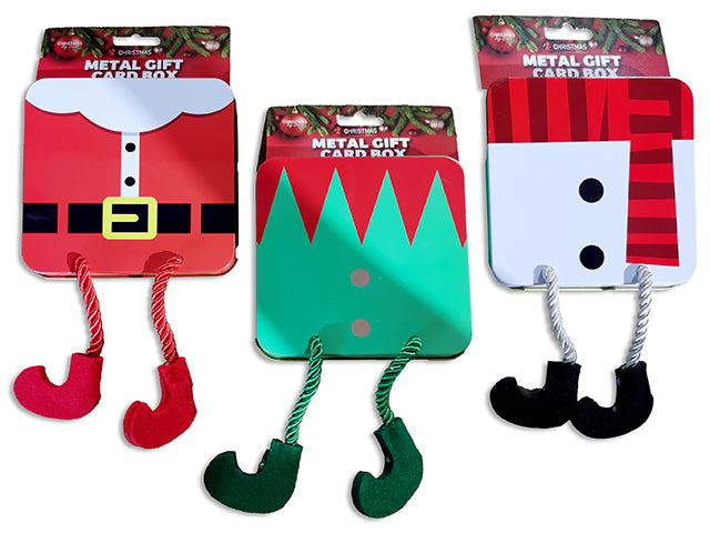 Carton of 24 4in Xmas Tin Square Gift Card Holder w/ Dangling Legs. Paper Platform Tray. 3 Asst. h/c.