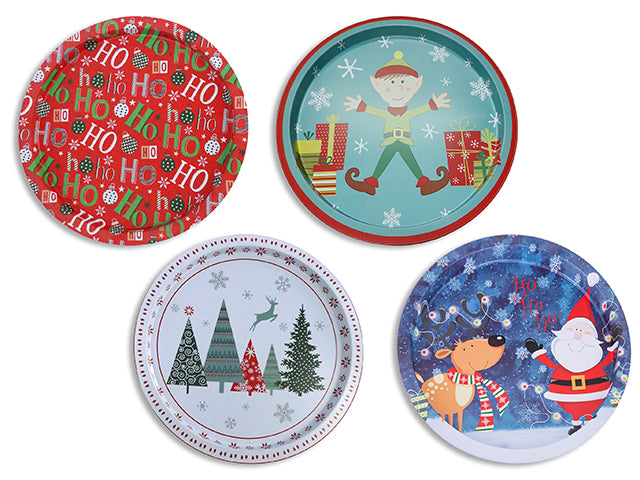 Carton of 24 12-5/8in(D) Xmas Matte Printed Round Serving Tray. 5/8in (H). 4Asst. Styles. Colour Label.