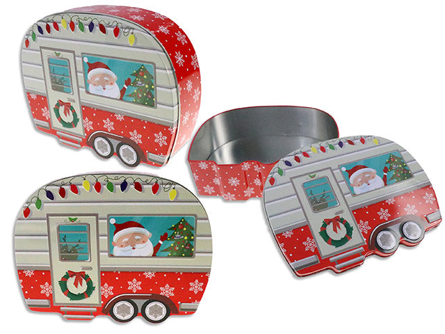 Carton of 12 7-5/8in x 6in Xmas Embossed Die-Cut Cartoon Camper Van Tin. LBL