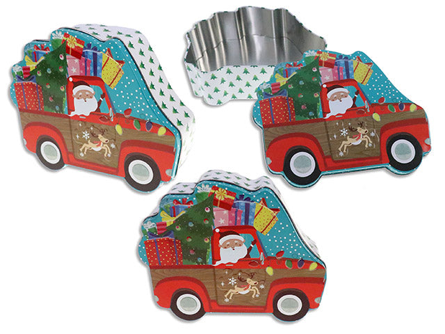 Carton of 12 Xmas Embossed Die-Cut Car w/Santa Tin. LBL.