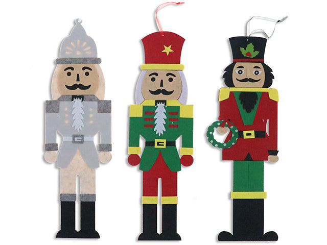 Carton of 24 18-7/8in x 5.5in Xmas Felt Jointed Glitter Hanging Nutcracker w/Organza Hanger. 3 Asst.Styles. Cht