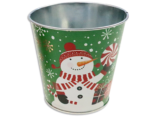 Carton of 24 5-1/8in(TD) x 4.5in(H) Xmas Matte Rose Gold Printed Snowman Round Metal Bucket.