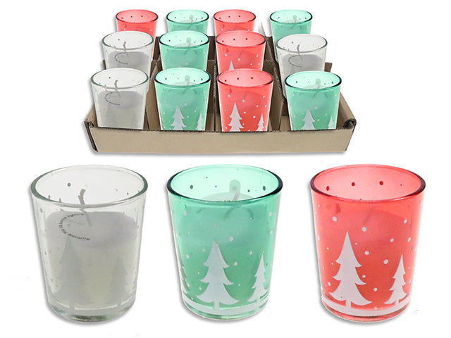 Carton of 12 2-5/8in(H) x 2-1/8in(D) Xmas Scented Wax Candle in Printed Glass Holder. 3 Asst.Glass Cols.12pcs/Dsp.