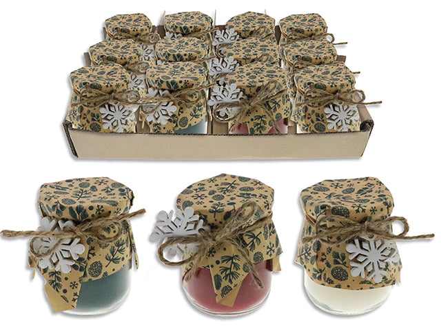 Carton of 12 2.75in Xmas Scented Wax Candle in Mason Jar w/ Cover. Jute String w/Snowflake.3 Asst.12pcs/Dsp.