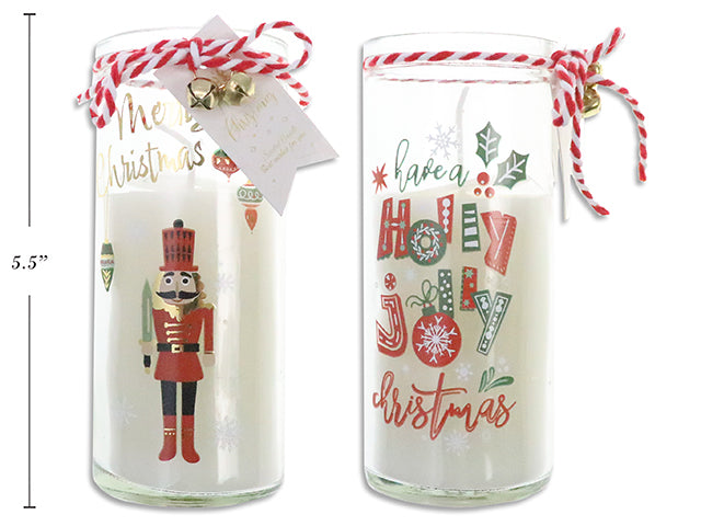 Carton of 12 5.5in Xmas Scented Wax Candle in Printed Glass Holder w/Red&White String+Bells. 2 Asst.