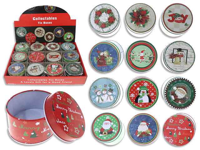 Carton of 24 2.95in Xmas Character Candy Tin in Dsp. 1.97in(H).12/Dsp. 12 Styles/Dsp.