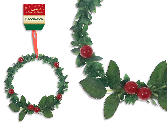 Carton of 24 5in Xmas Holly Berry Leaves Wreath w/Satin Hanger. Cht.