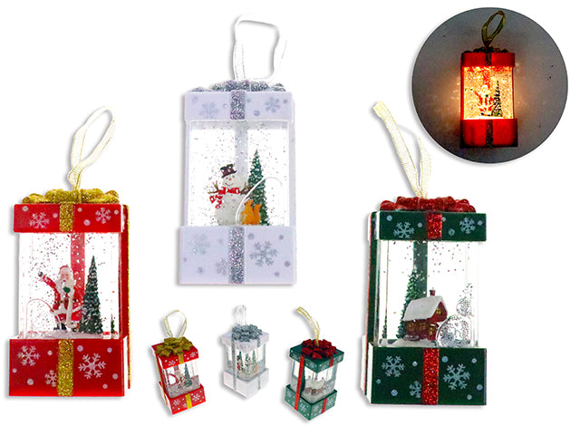 Carton of 12 4.5in Xmas B/O LED Glitter Hanging Water Globe Present w/PResin Character.3 Asst. 12pcs/Eggcrate.