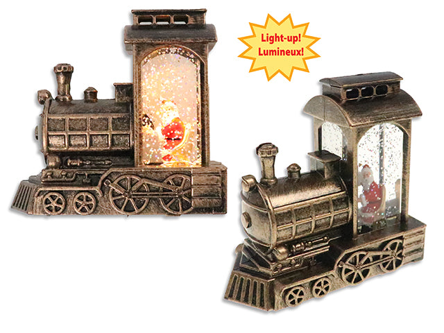 Carton of 12 4.75in Xmas B/O LED Vintage Water Globe Train w/ PResin Santa Inside. 12pcs/Eggcrate Tray.