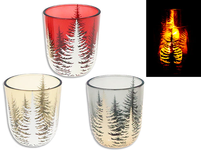 Carton of 12 3-3/8in Xmas Laser Cut Foil Forest Scene Glass Candle Holder. 3 Asst.Colours.