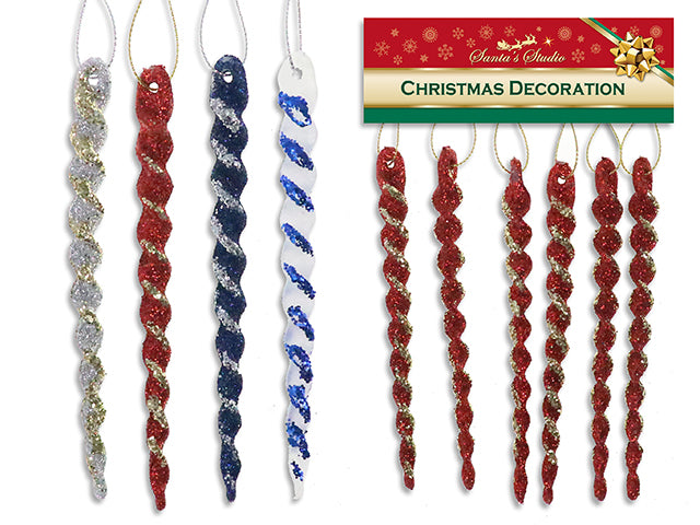 Carton of 24 6pk 135mm 2-Tone Glitter Icicle Ornament w/Tinsel Hanger. 4 Asst.Colours. h/c.