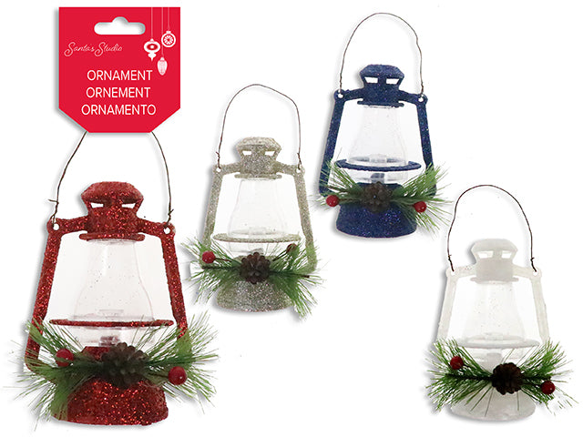 Carton of 24 4.25in Xmas Full Glitter Oil Lamp Ornament w/ Pine & Holly Berries. Tinsel Hanger. 4 Asst. h/c.