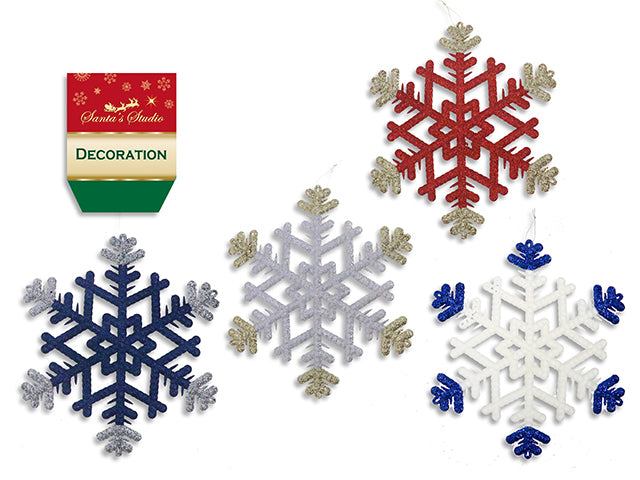 Carton of 24 11.75in Xmas 2-Tone Full Glitter Snowflake Hanging Decor. Tinsel Hanger. 4 Asst. Colours. h/c.