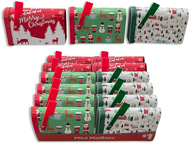 Carton of 24 2-7/8in(H) x 4-1/4in(L) Xmas Mail Box Gift Card Holder w/ Flag. 1in (W). 3 Asst. 24pcs/Tray.