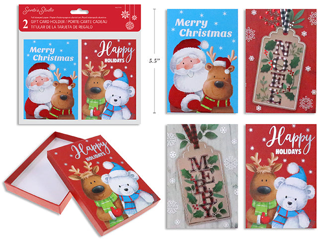 Carton of 24 2pk 5.5in x 3-3/4in Xmas Foil/Hot Stamped Paper Gift Card Holder. Random Style/pk. 2 Asst. Pbh.