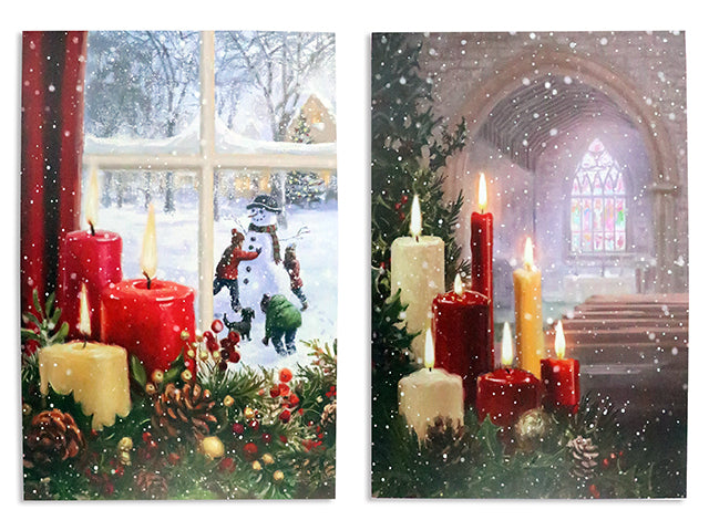 Carton of 12 23-5/8in x 15.75in B/O 3-LED Xmas Candle Canvas Painting. 2 Asst. Shrink Wrap.