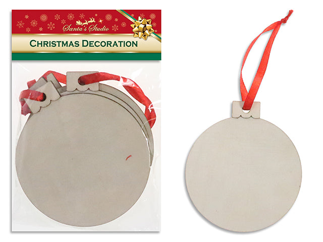 Carton of 24 4pk 96mm Xmas Decor your own Wooden Round Ornament w/Satin Hanger . Pbh.