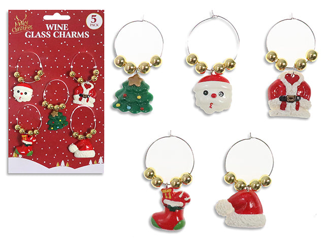 Carton of 24 5pk Xmas Polyresin Beaded Wine Marker Charms. 5 Asst. Charms pPer Pack. Polybag w/Insert.