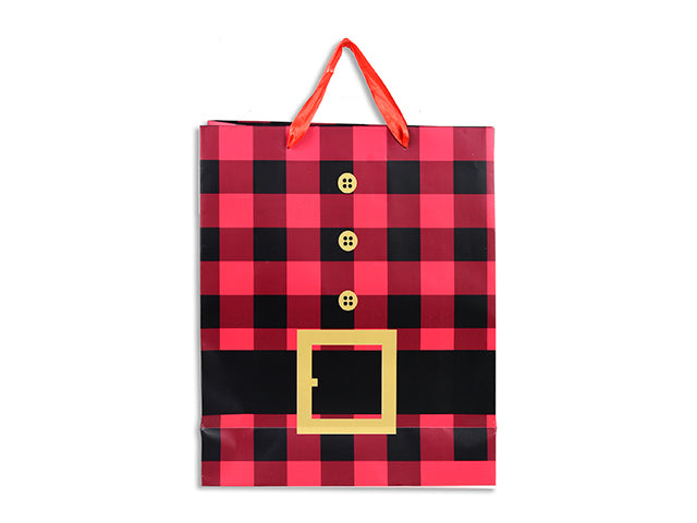 Carton of 24 Xmas Matte Buffalo Plaid w/Glitter Santa Belt Gift Bag - Small. Satin Handle w/Tag. J-Hook.