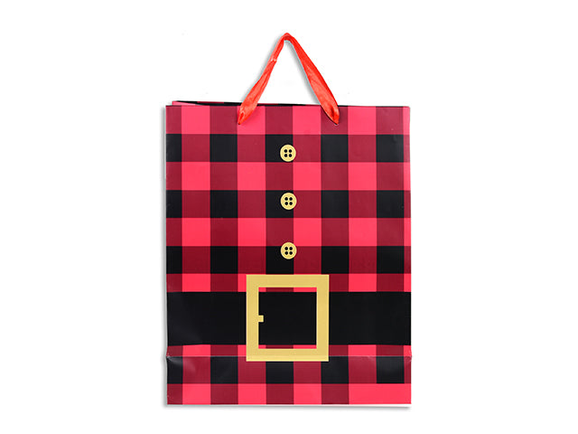 Carton of 24 Xmas Matte Buffalo Plaid w/Glitter Santa Belt Gift Bag -Medium. Satin Handle w/Tag. J-Hook.