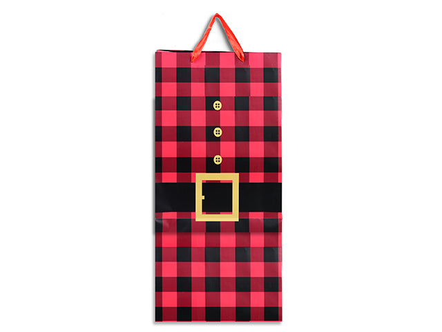 Carton of 24 Xmas Matte Buffalo Plaid w/Glitter Santa Belt Gift Bag -Bottle. Satin Handle w/Tag. J-Hook.