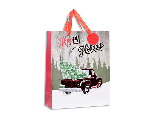 Carton of 24 Xmas Matte Red Foil Hot Stamped Vintage Car Gift Bag - Medium. Satin Handle w/Tag. J-Hook.