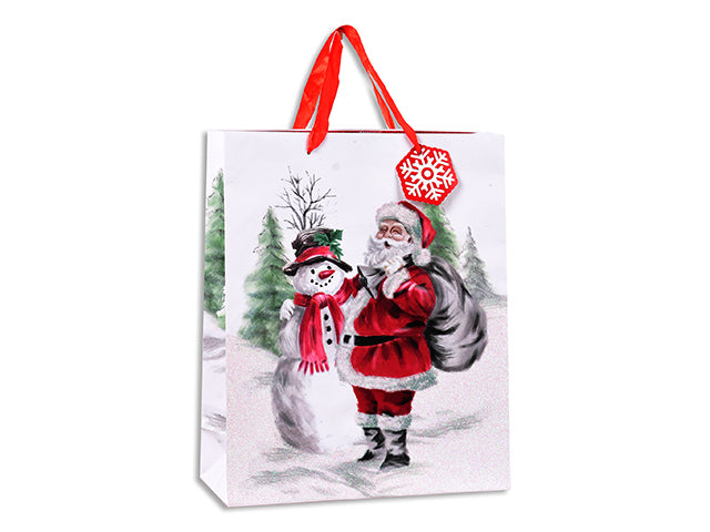 Carton of 24 Xmas Matte w/Iridescent Glitter Santa+Snowman Gift Bag - Medium. Satin Handle w/Tag. J-Hook.