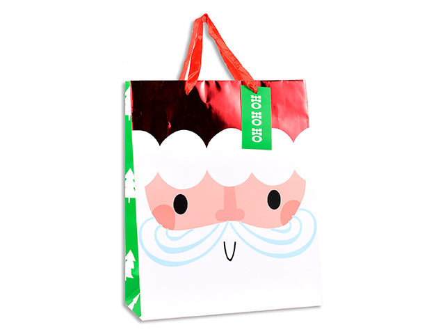 Carton of 24 Xmas Matte w/Foil Hot Stamp Santa Face Gift Bag - Meidum. Satin Handle w/Tag. J-Hook.